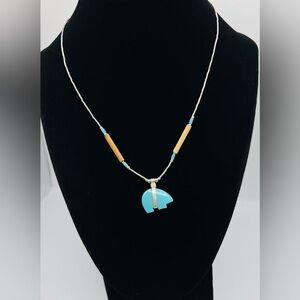 Vintage Navajo Zuni Liquid Silver & Sleeping Beauty Turquoise Bear Necklace